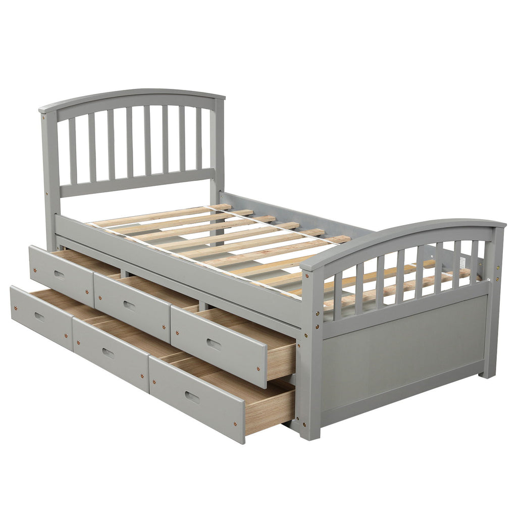 Twin Size Platform Storage Bed Solid Wood Bed With 6 Drawers - Gray