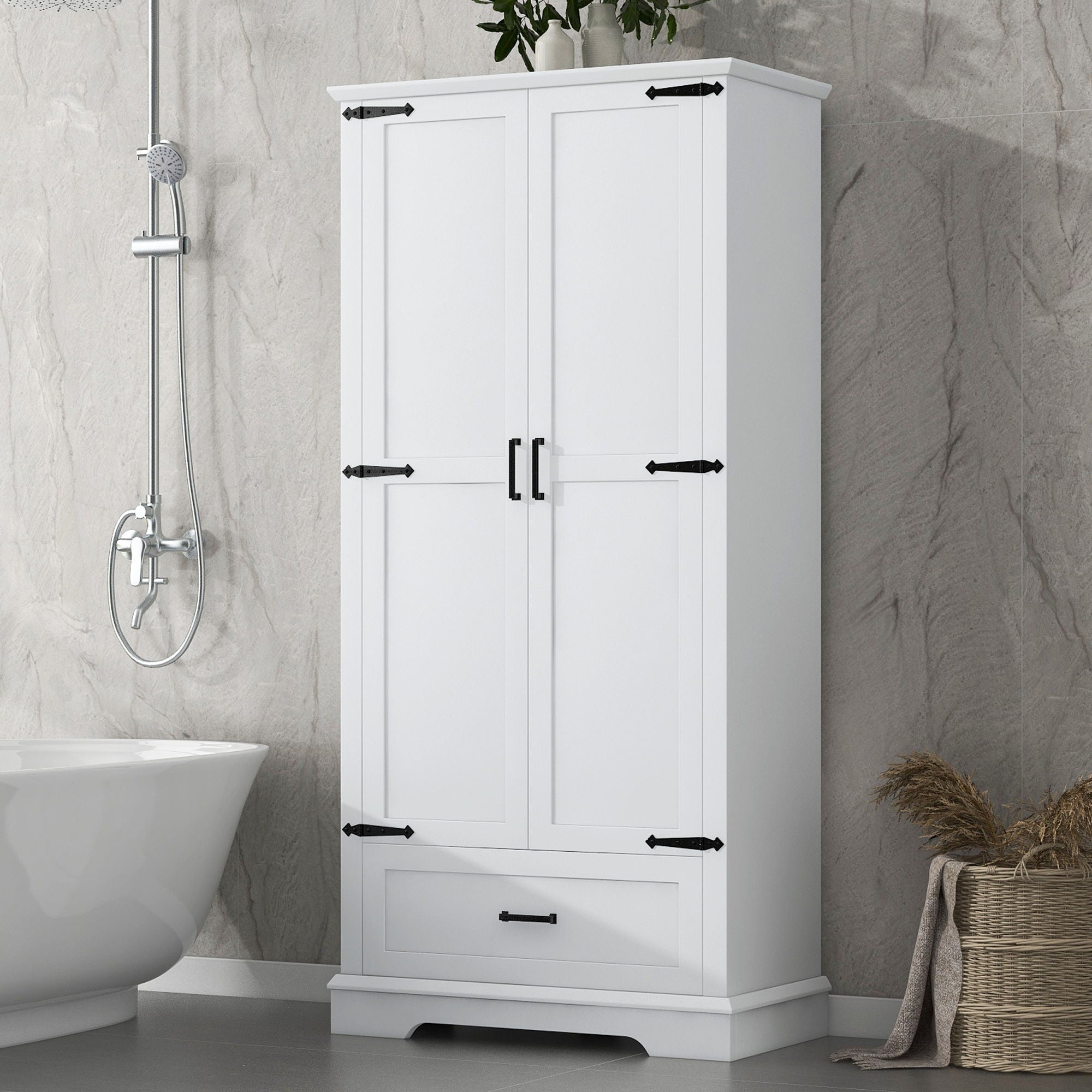 Tall Bathroom Storage Cabinet With 2 Doors And 2 Drawer, Adjustable Shelf - White