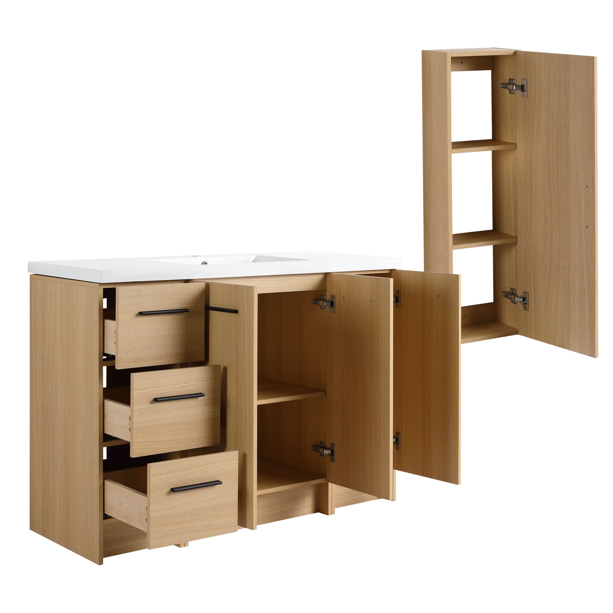 Freestanding Bathroom Vanity Set With Tall Side Cabinet, 3 Drawers And 3 Door Cabinet, Integrated Sink, Large Storage - Glossy White / Light Oak