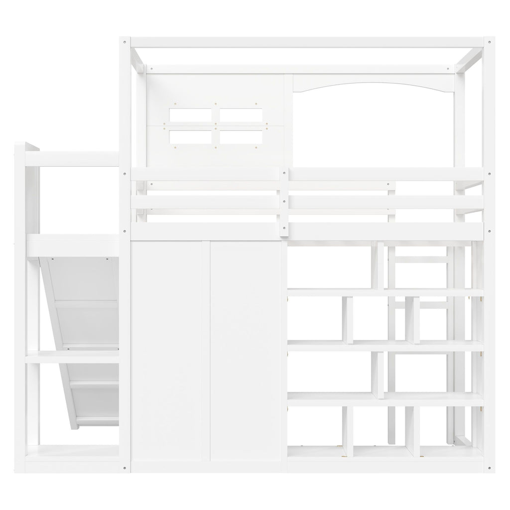 Twin Size Loft Bed With Wardrobe, Storage Shelves, Slide And LED - White