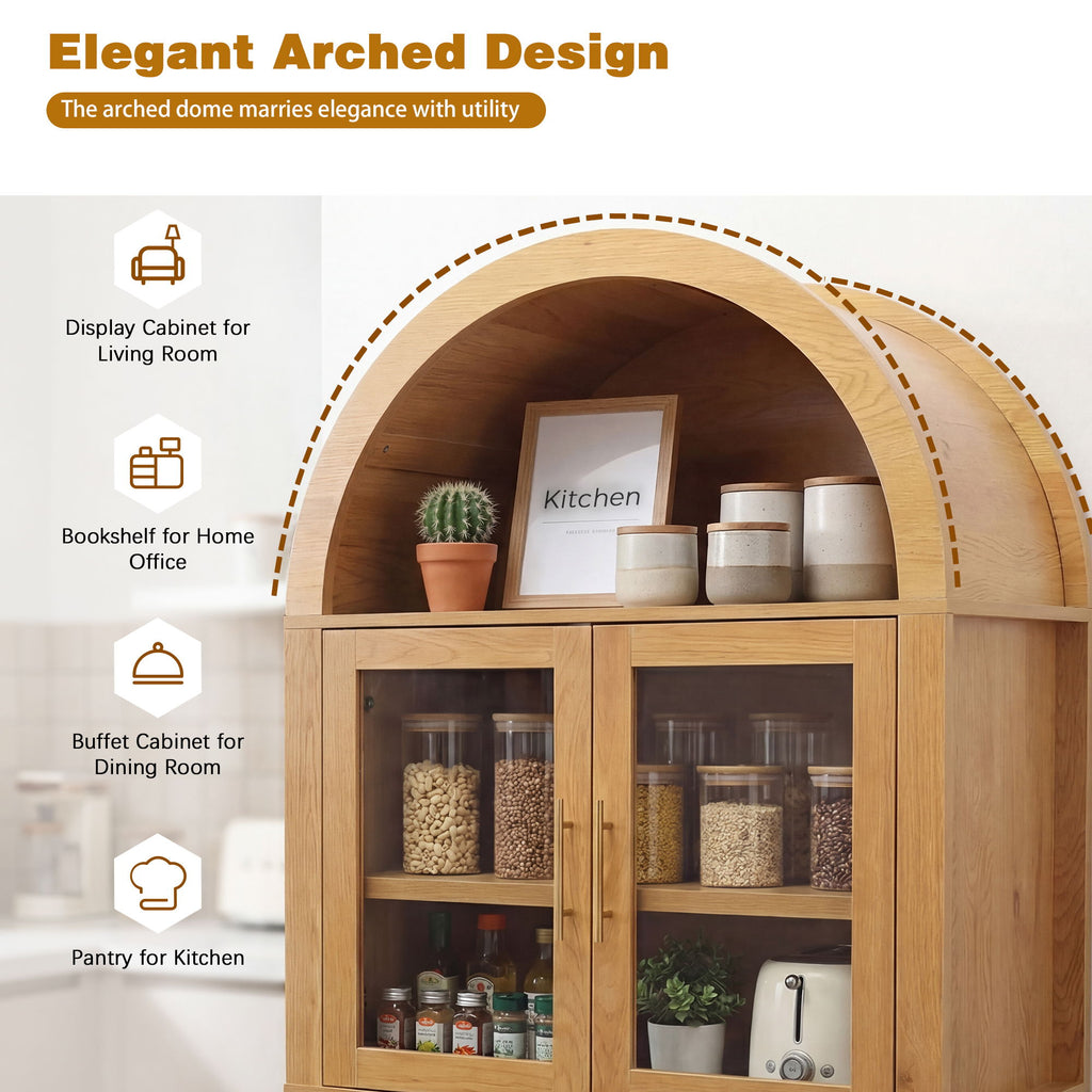 Arched Kitchen Pantry Cabinet With Adjustable Shelves And Barn Door Design