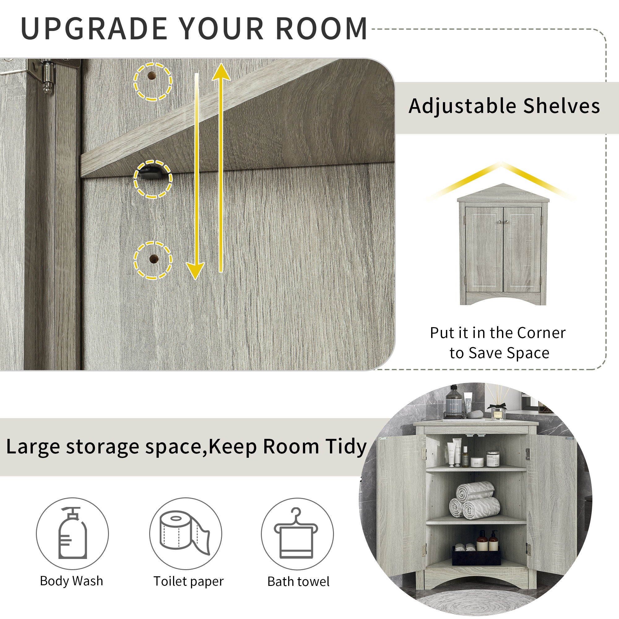 Triangle Bathroom Storage Cabinet With Adjustable Shelves, Freestanding Floor Cabinet - Oak
