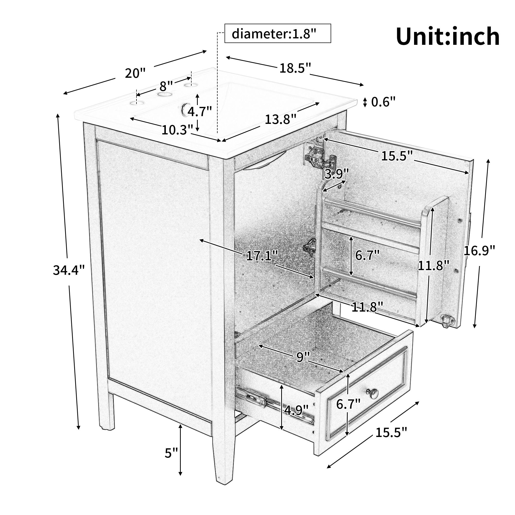 Modern Bathroom Vanity With Sink, Cabinet Storage, Drawer & Adjustable Feet