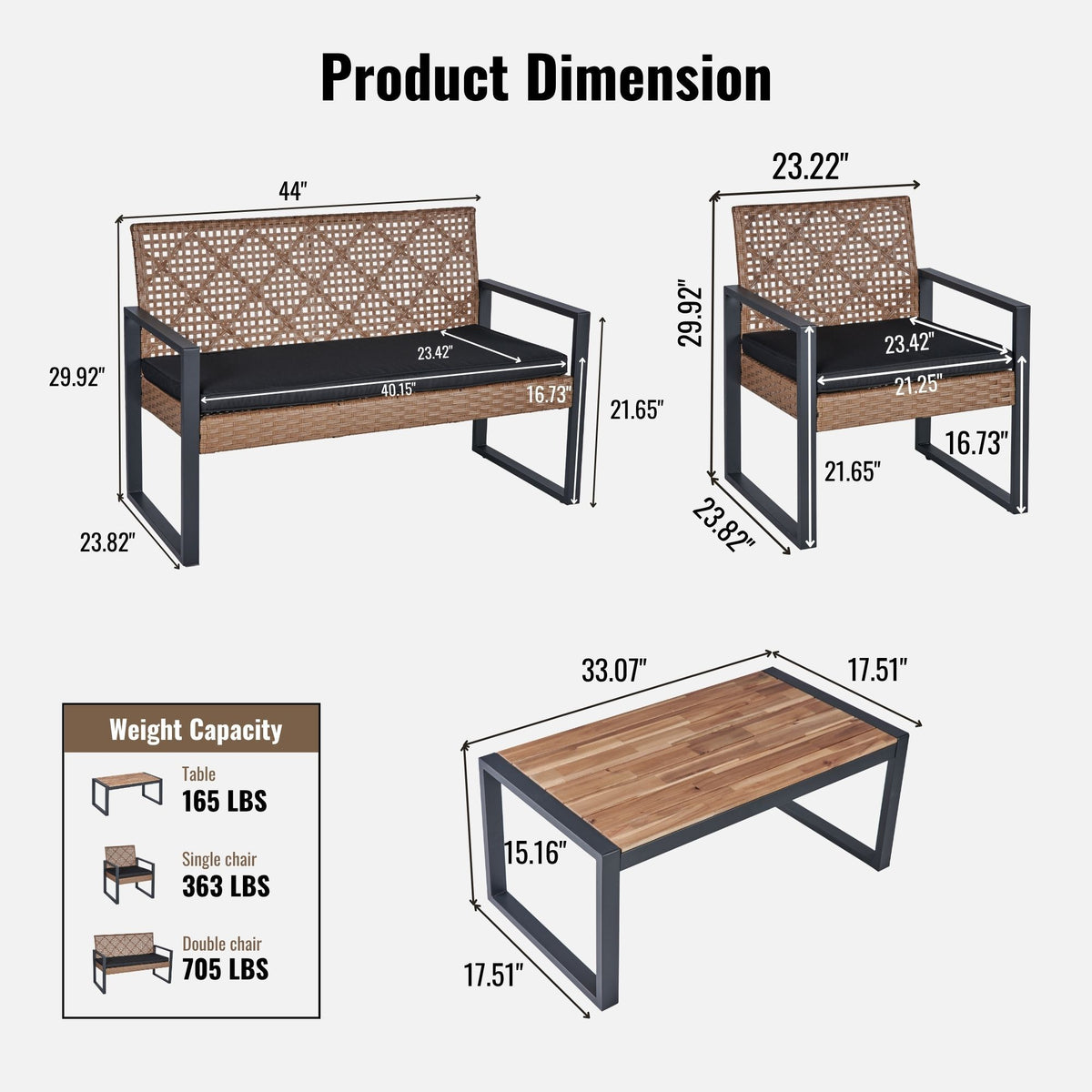 4 Piece Patio Furniture Set With Acacia Wood Table Top And Cushions
