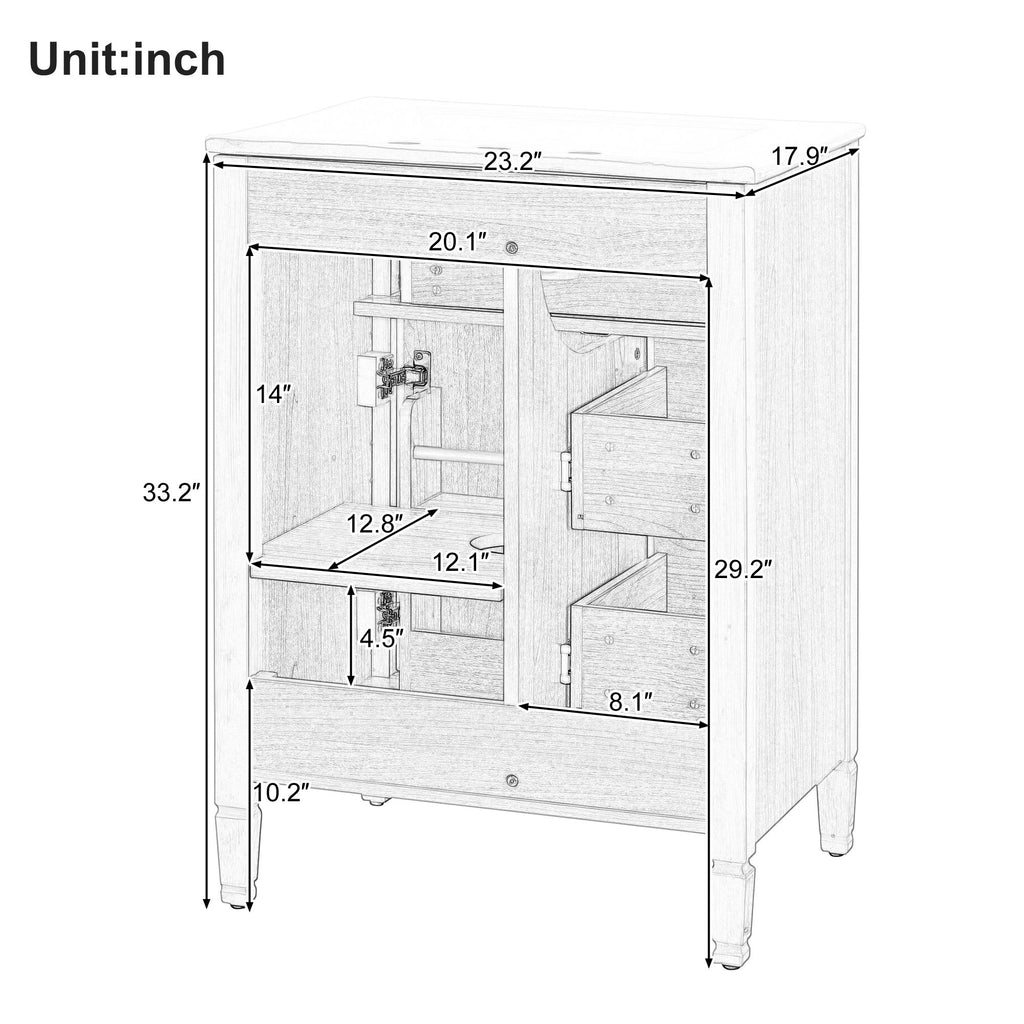 Bathroom Vanity With Sink, Flip Drawer, 2 Drawers, Adjustable Shelf
