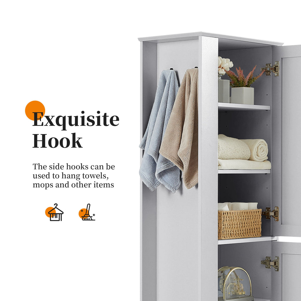 Tall Freestanding Bathroom Storage Cabinet With Adjustable Shelves And Side Hooks