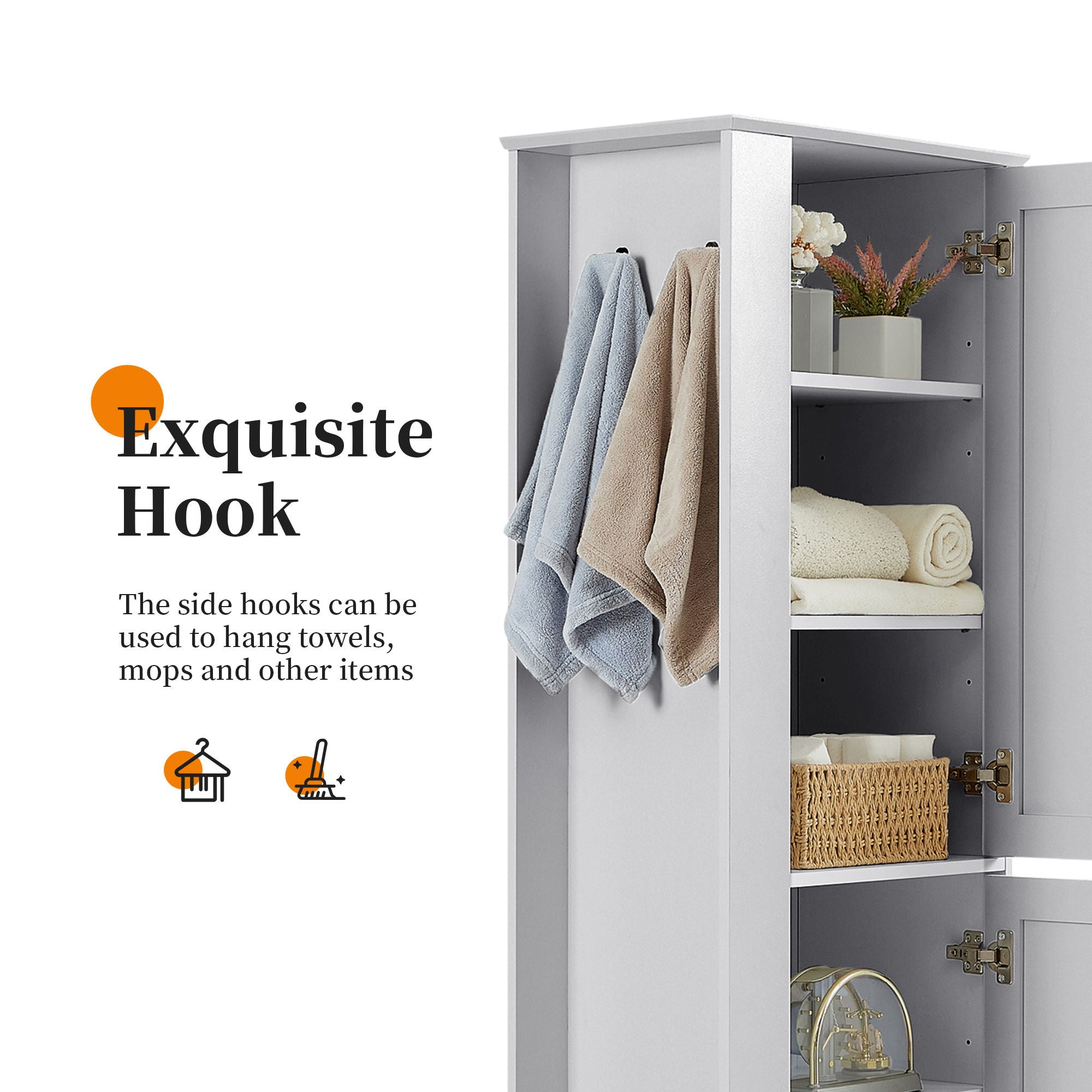 Tall Freestanding Bathroom Storage Cabinet With Adjustable Shelves And Side Hooks