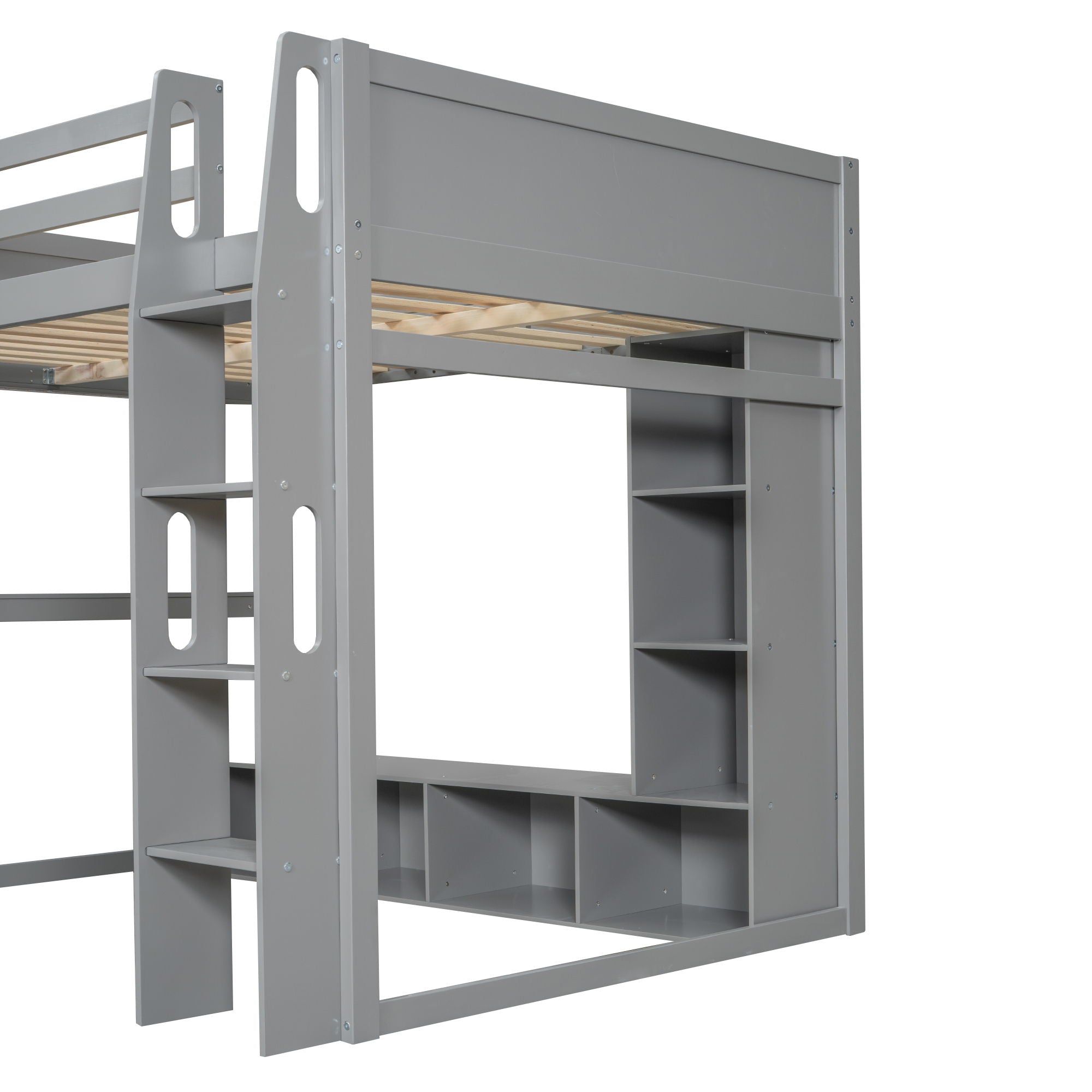 Full Size Gaming Loft Bed With Desk, Multi Storage Shelves, LED Lighting, And Hanging Clothes Rack - Gray