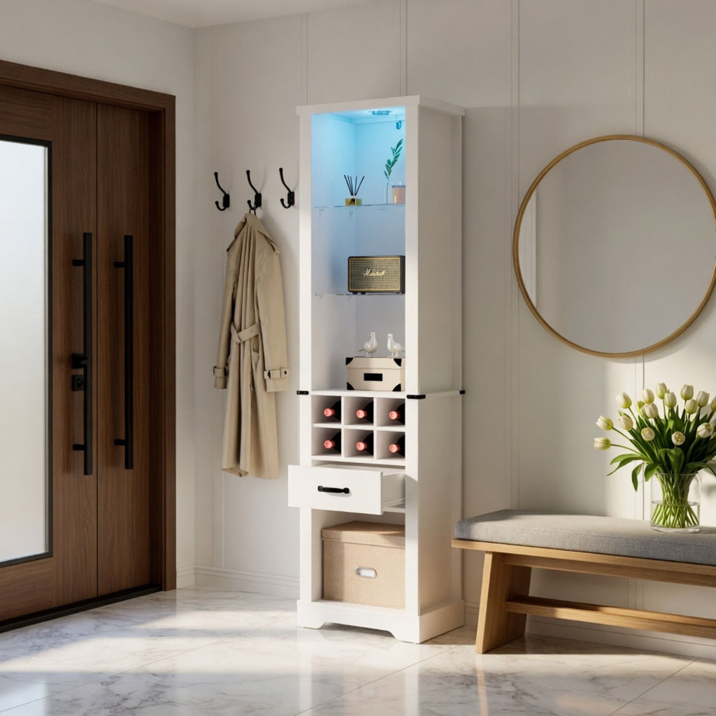 Pantry Cabinet With LED Lights, Wine Rack, Tempered Glass Shelves, And Barn Door Design - White