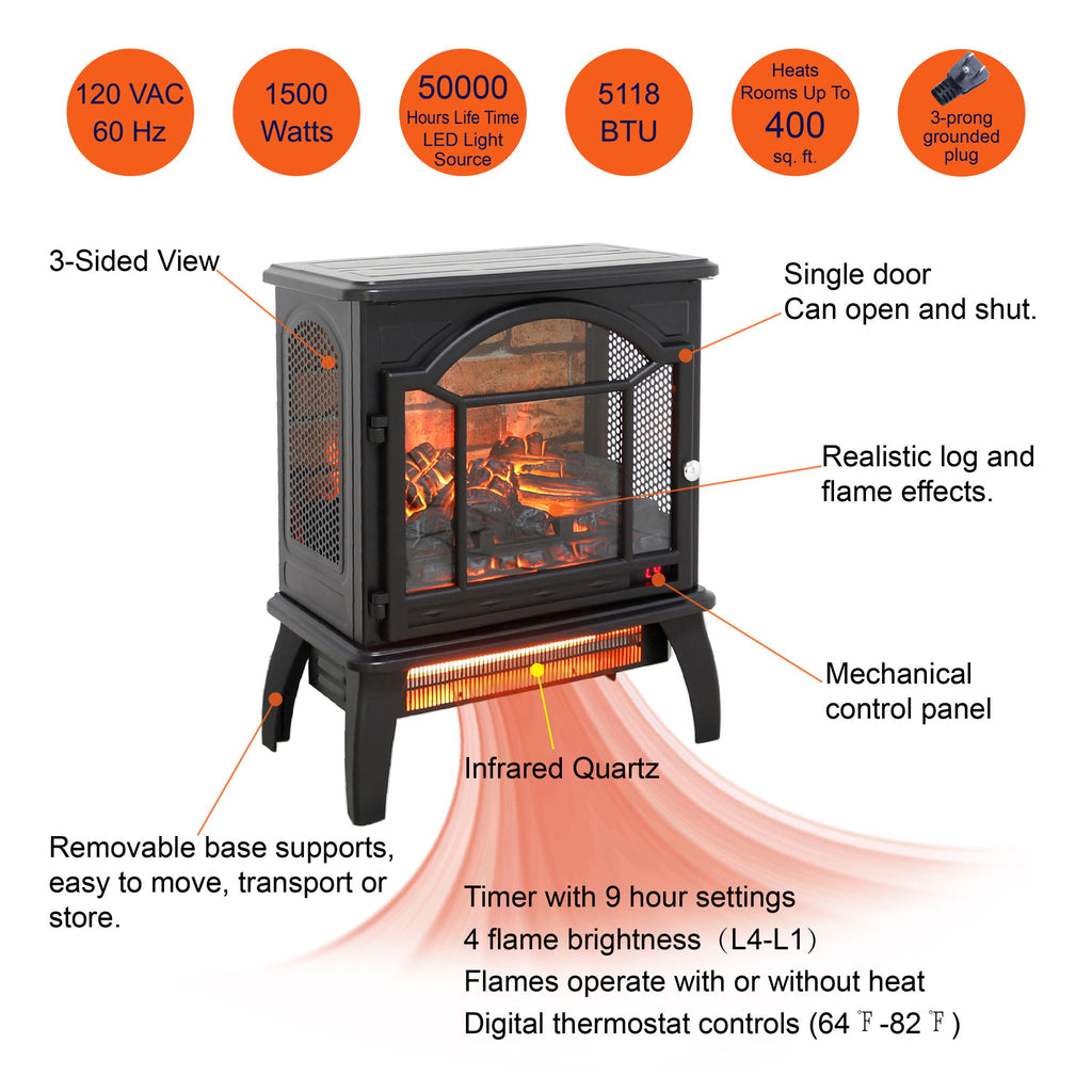 18" 3D Flame Electric Infrared Quartz Fireplace Stove & Remote Control - Antique Black