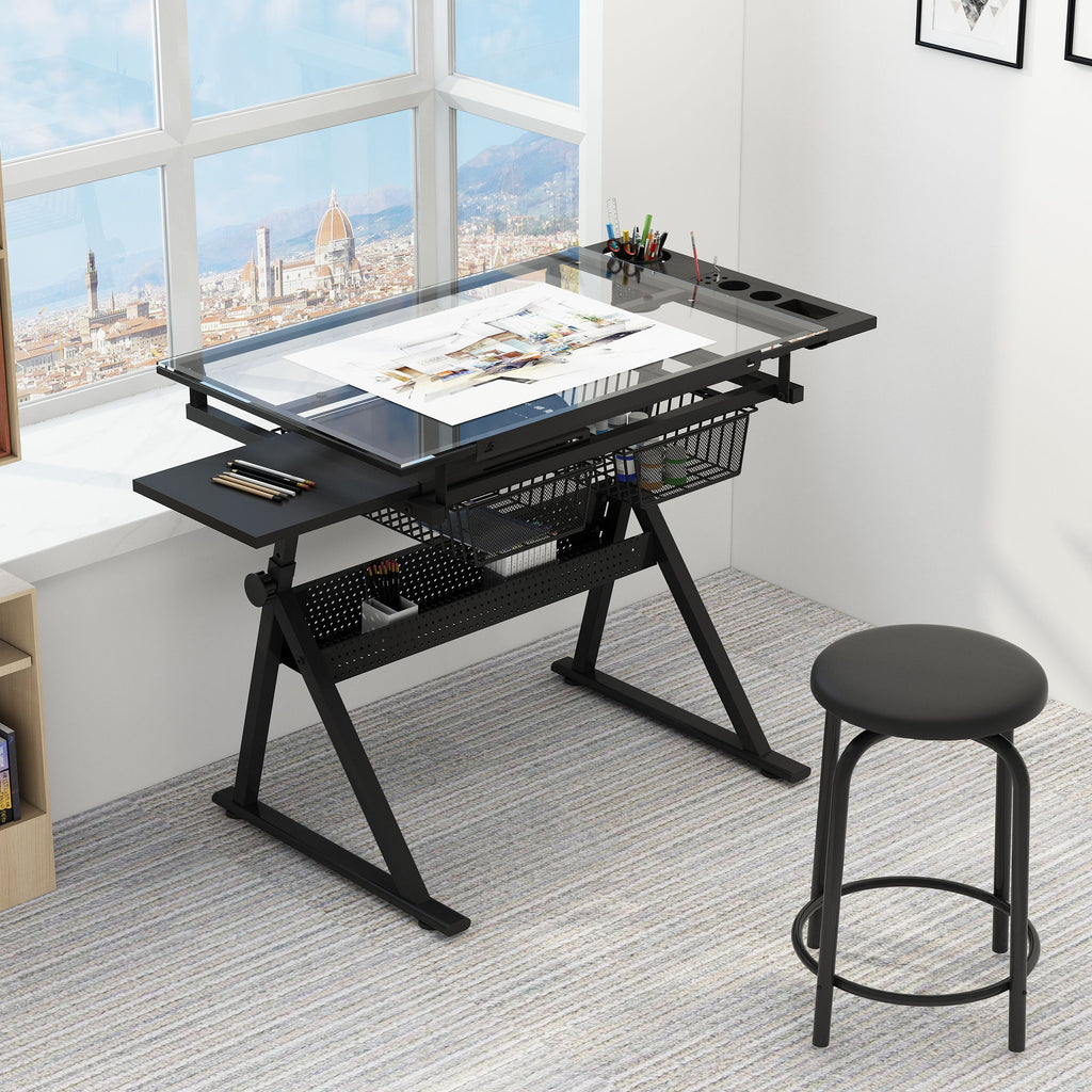 Adjustable Tempered Glass Drafting Printing Table With Chair