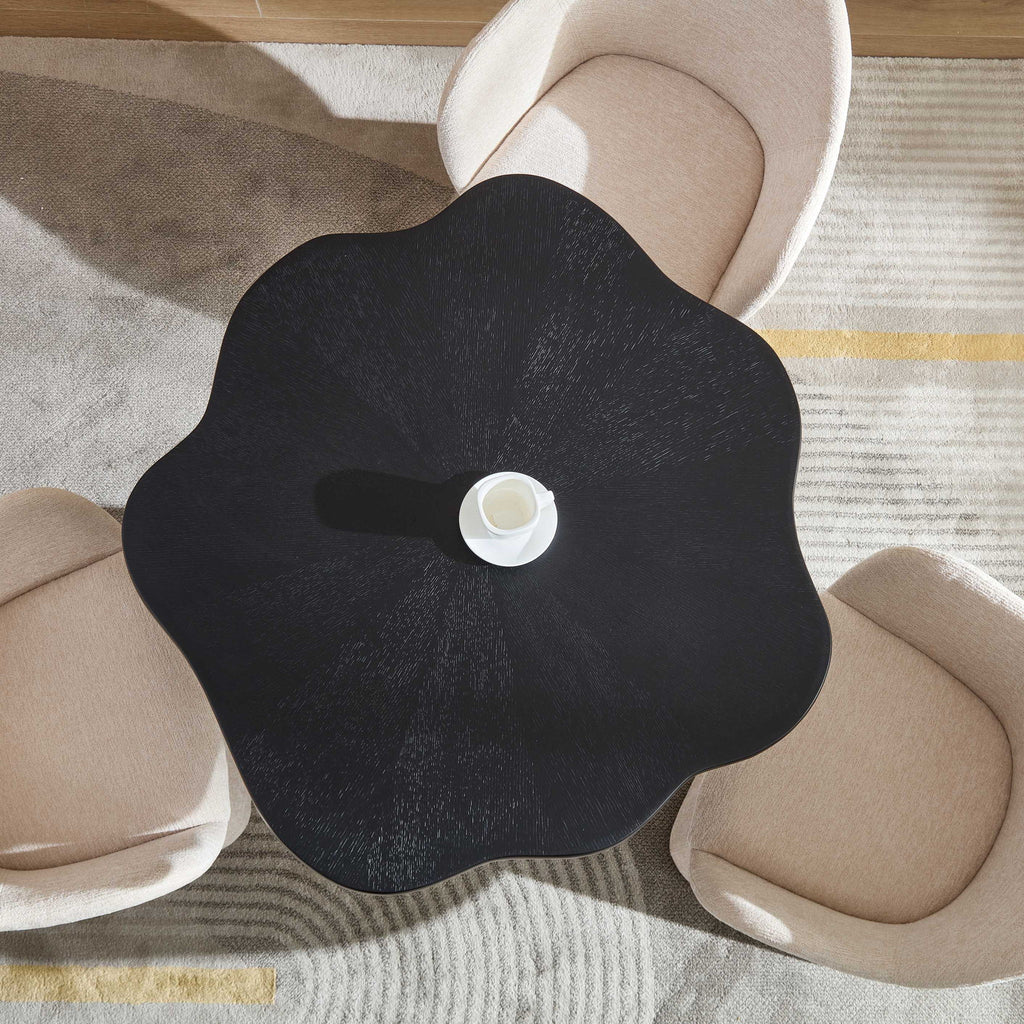 Sculptural Round Dining Table Petal Shape Root Texture For Dining Room - Black
