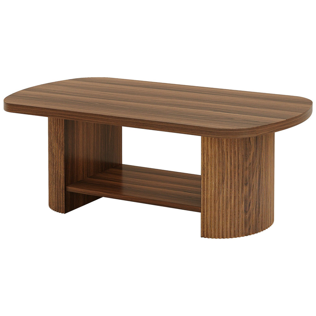 2 Tier Oval Coffee Table With Storage Shelf For Living Room - Rustic Brown