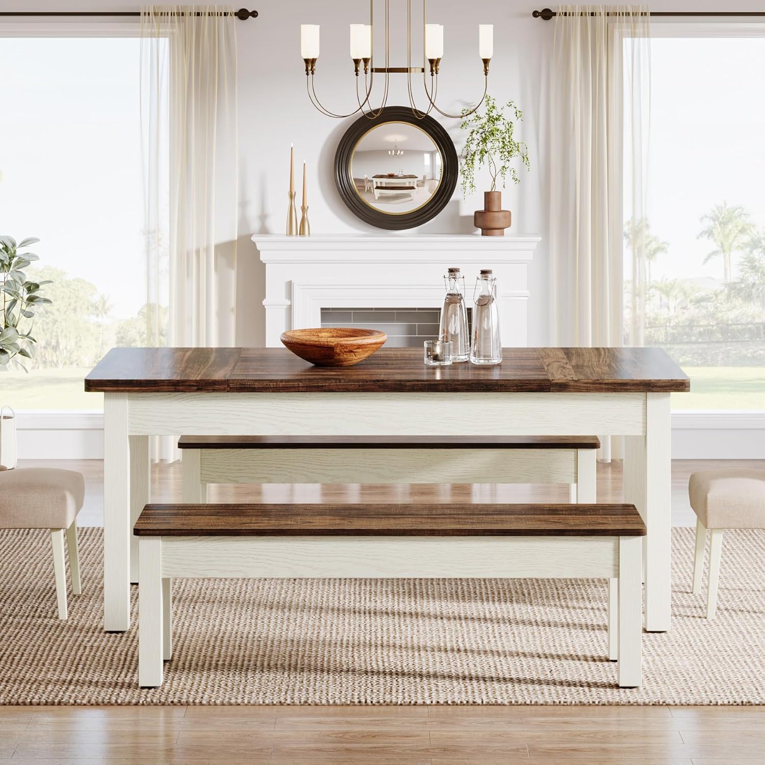 Dining Table Set For 4 - 6 With 2 Tuck Under Benches - Brown / White