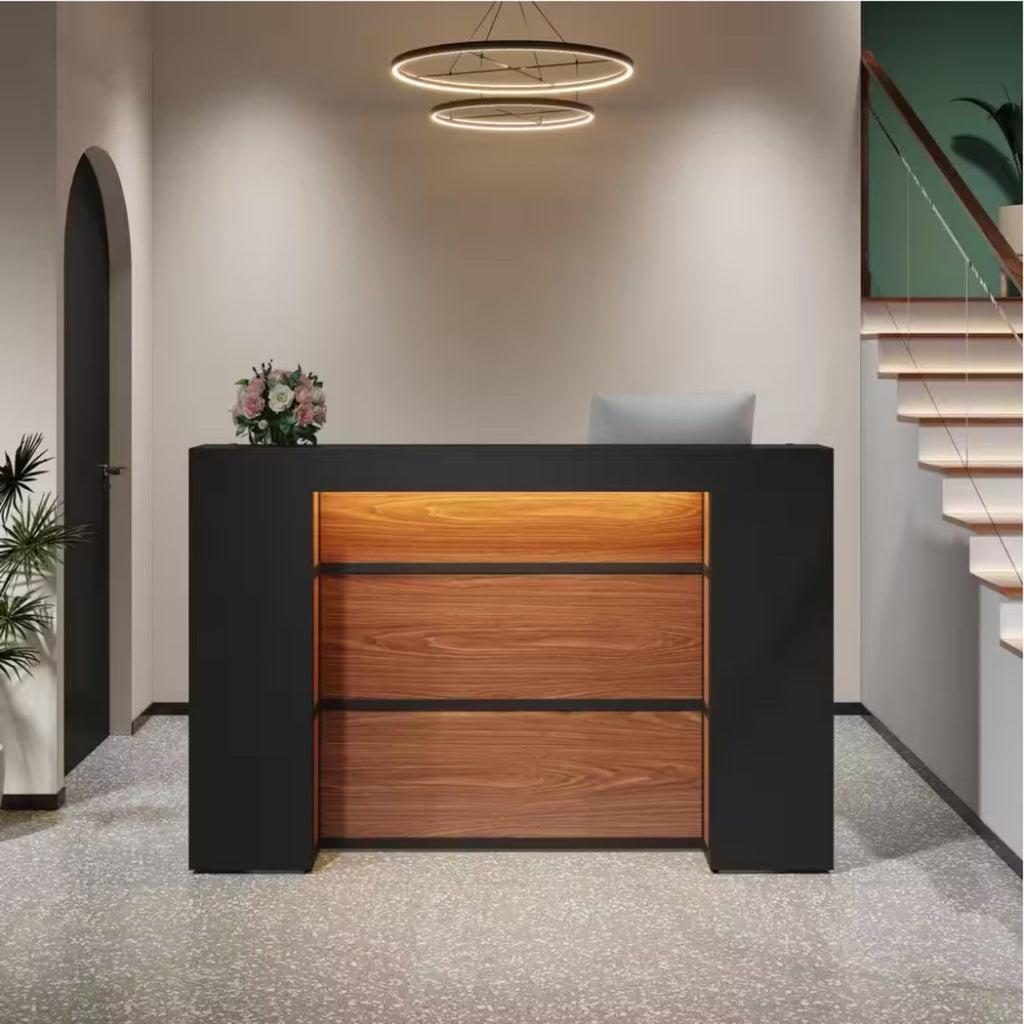 Reception Desk With LED Lights For Office - Black