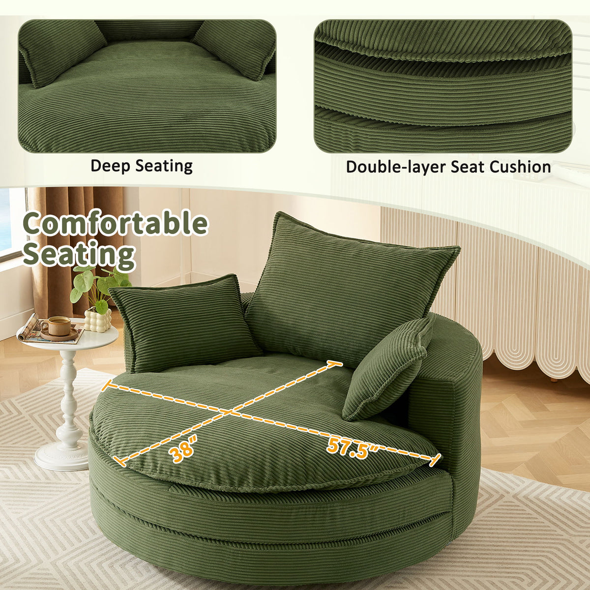 360° Swivel Accent Barrel Chair With Dual Layer Cushion And 3 Removable Pillows