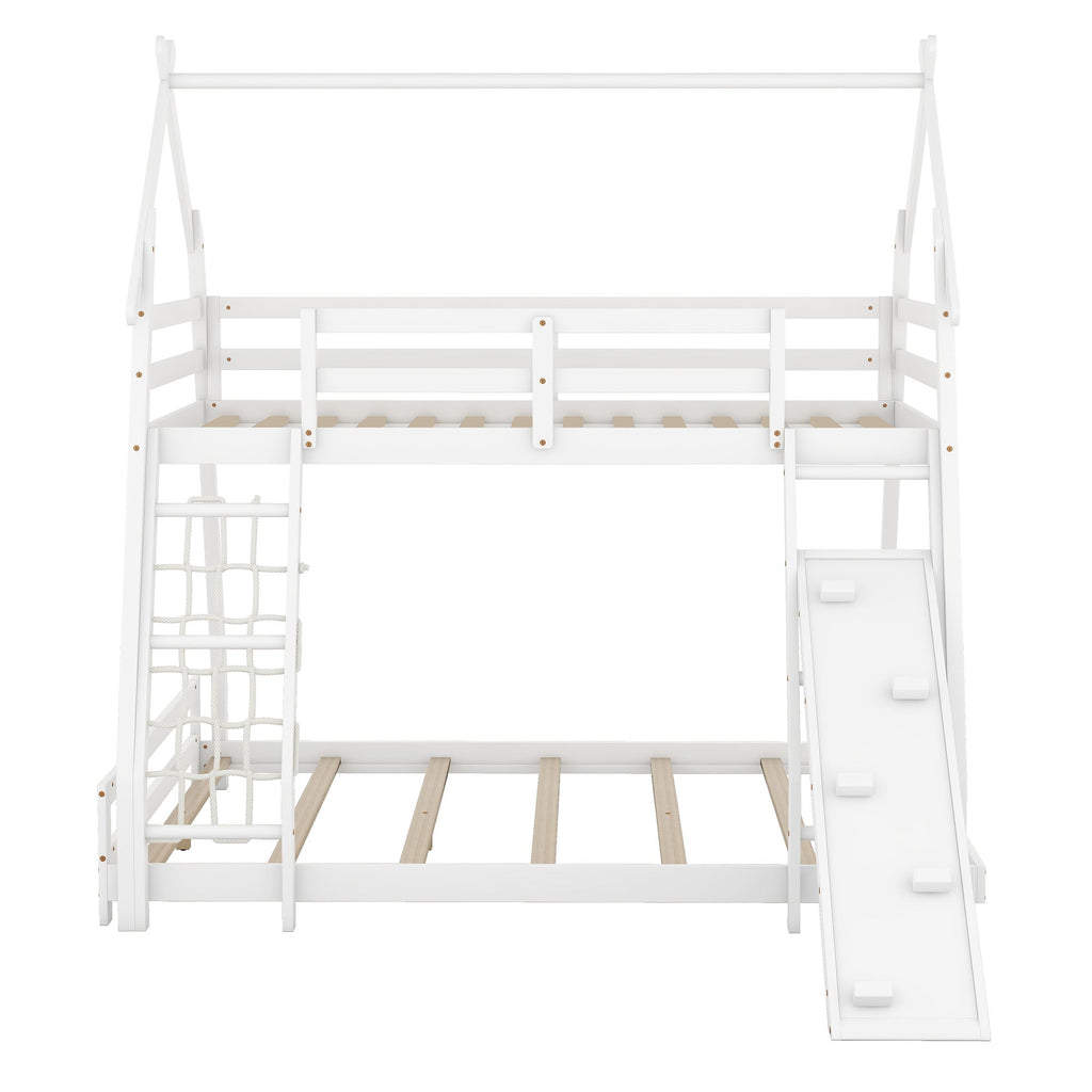 Twin Over Queen House Bunk Bed With Climbing Nets And Ramp - White