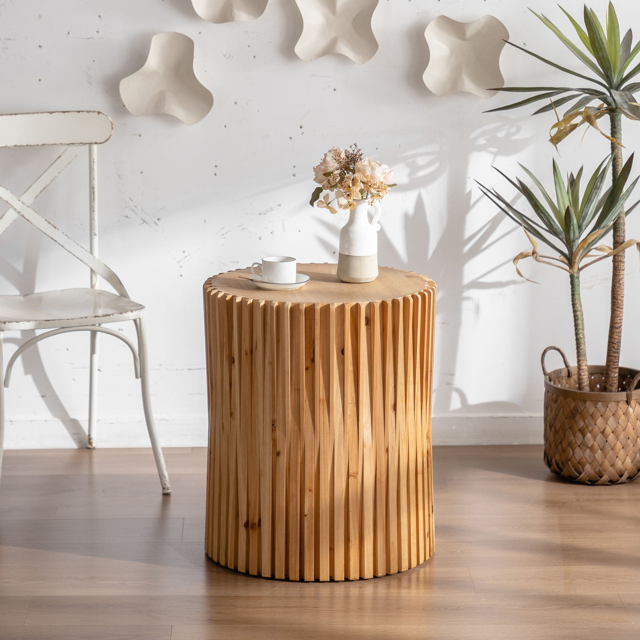 Cylindrical Side Table With Vertical Texture Relief Design - Natural