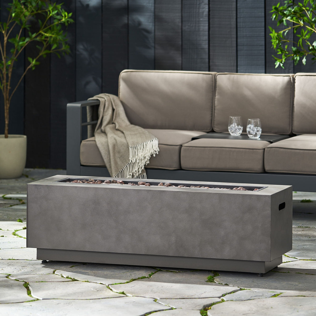 Modern Rectangular Iron Fire Pit 50, 000 Btu - Stone Gray