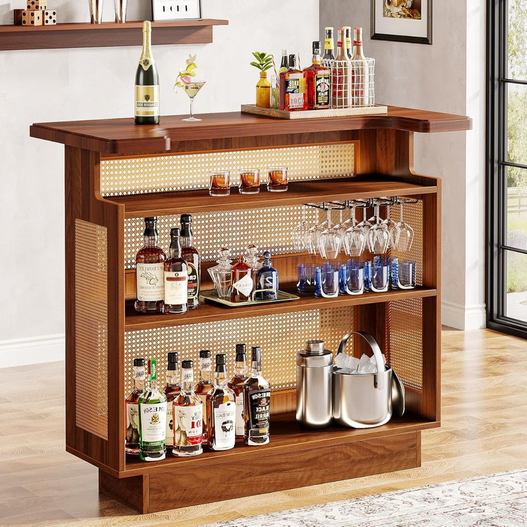 Home Bar Unit With 4 Tier Storage And Stemware Racks For Living Room - Brown