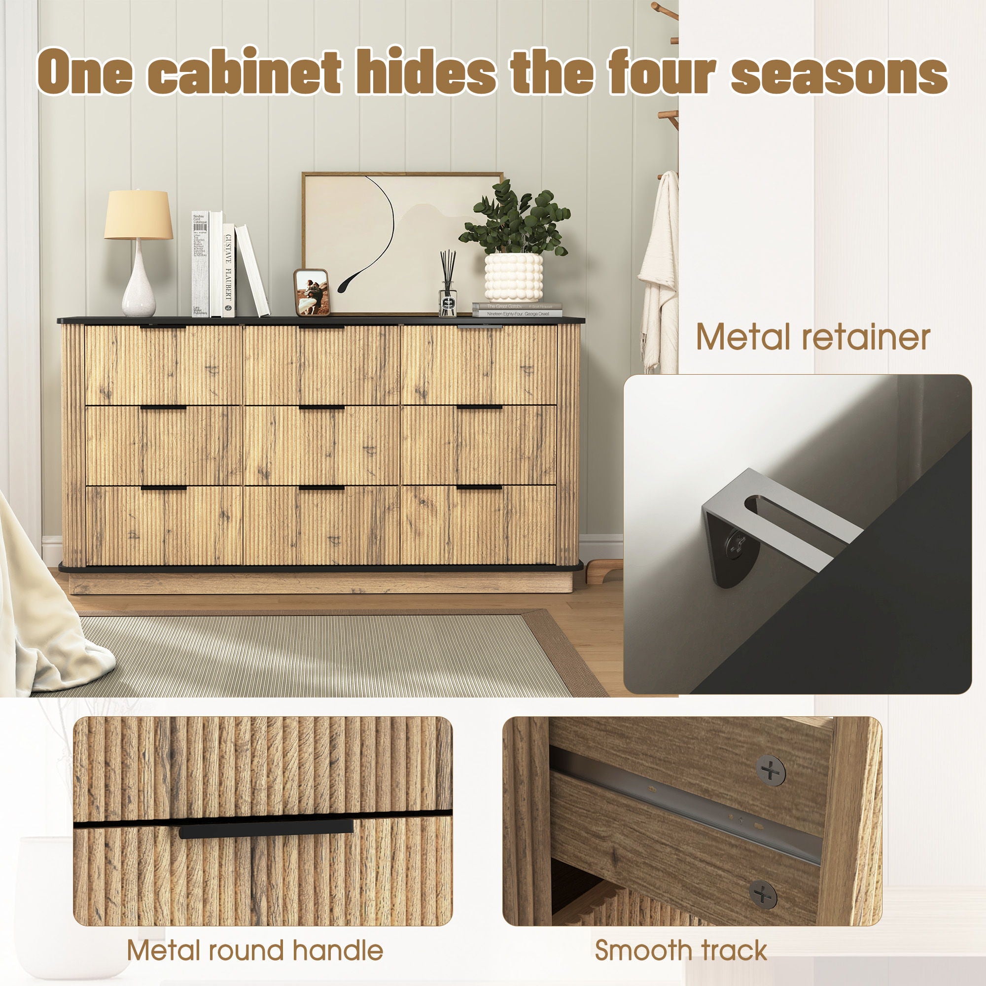 Modern 9 Drawer Cabinet With Metal Rounded Corners Multi Functional Storage - Black