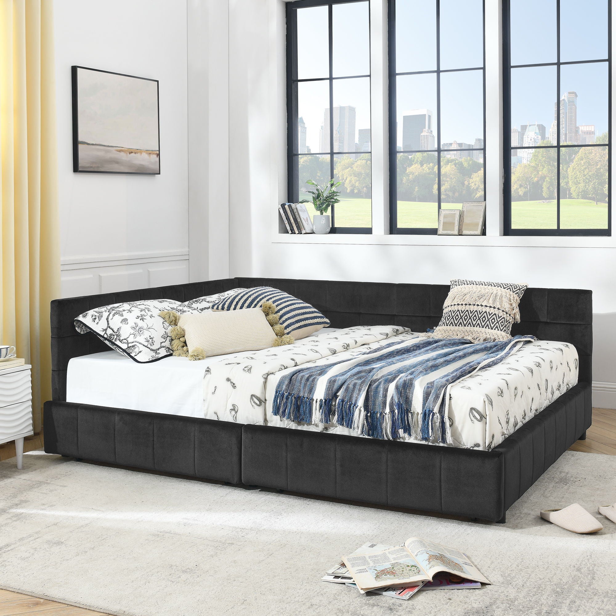 Storage Elegant Upholstered Tufted Bed Frame With Backrest And Armrests