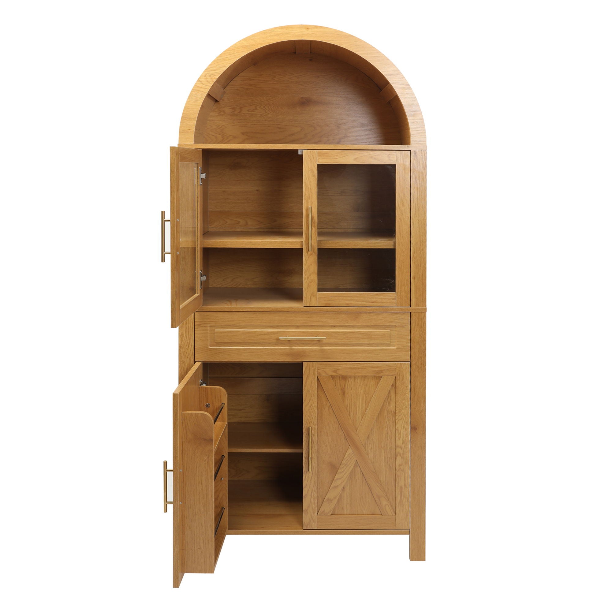 Arched Kitchen Pantry Cabinet With Adjustable Shelves And Barn Door Design