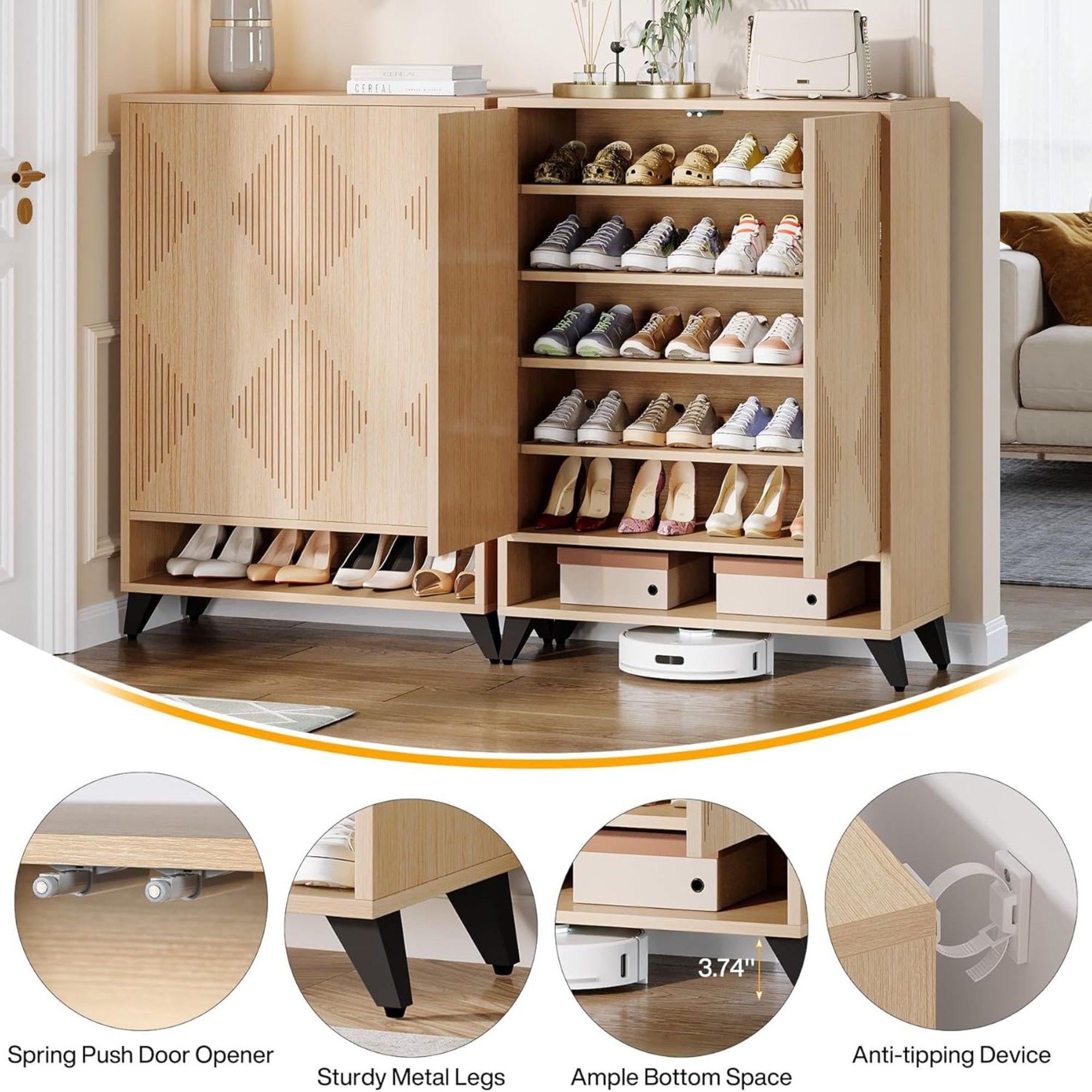 6 Tier Shoe Cabinet With Doors, Handle Free Push To Open Storage Unit For Entryway - Natural