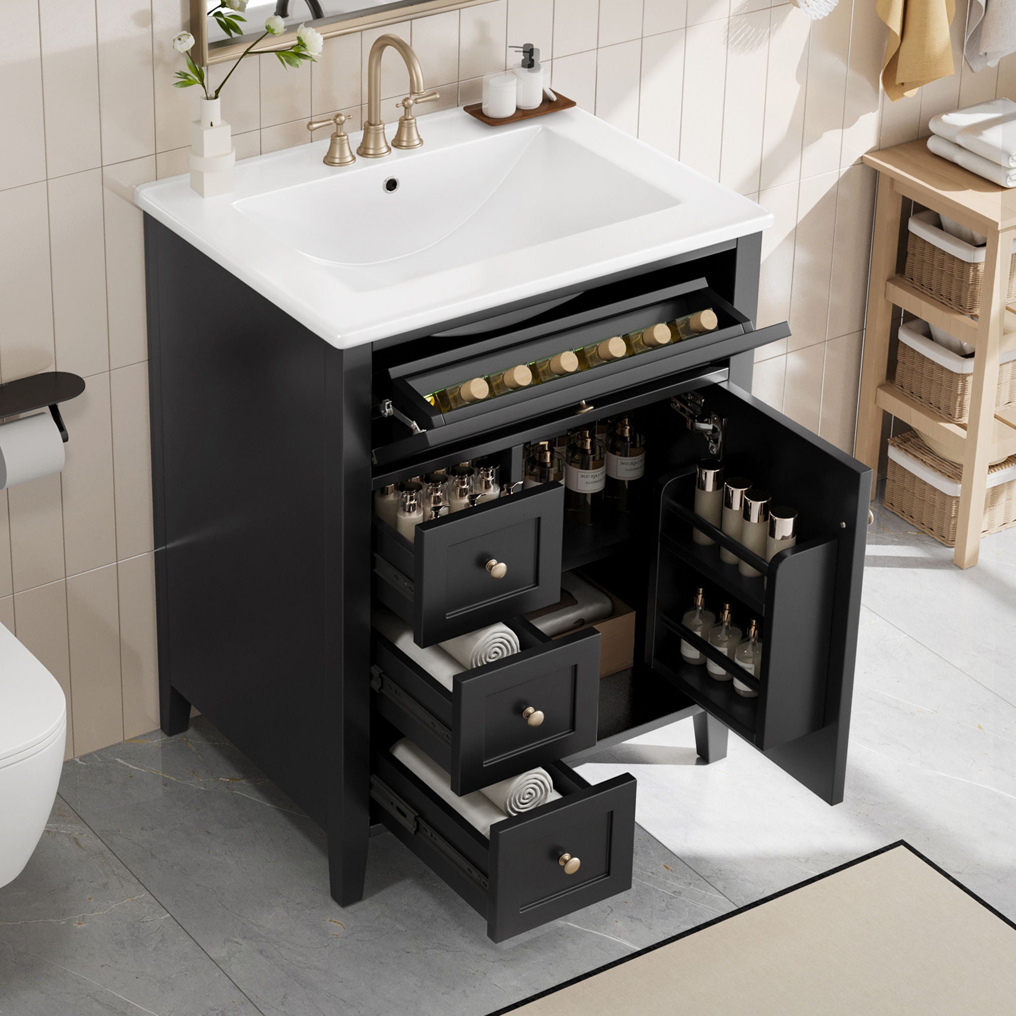 Bathroom Vanity With Sink, 3 Drawers & Cabinet With Adjustable Shelves