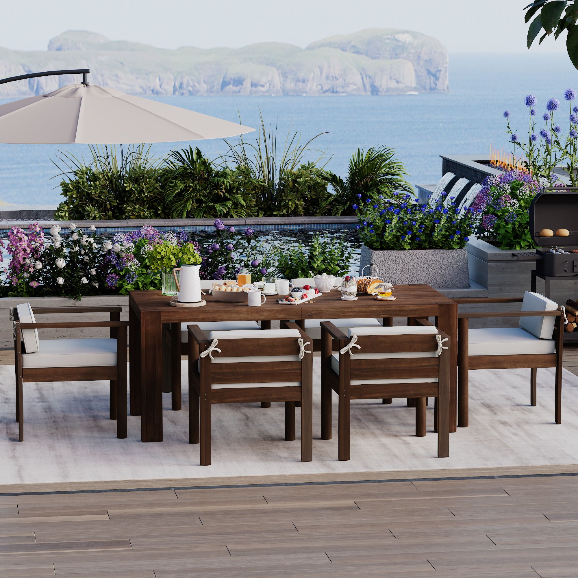 Rustic Patio Dining Set For 6 With Removable Cushions