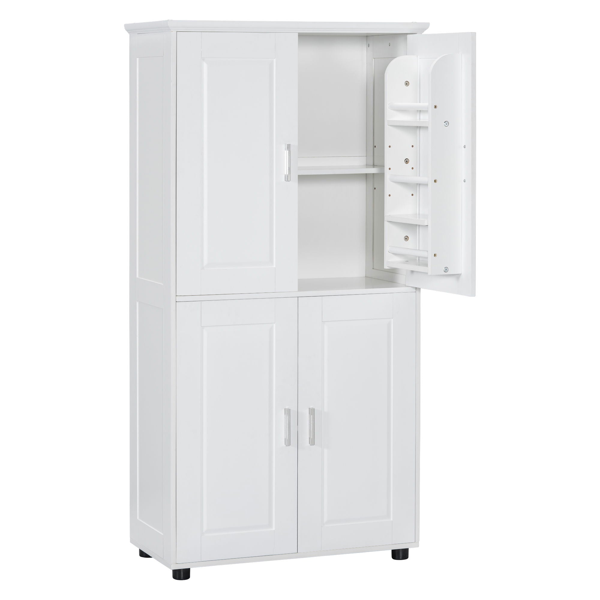 Tall And Wide Bathroom Floor Storage Cabinet With 4 Doors, Adjustable Shelves - White