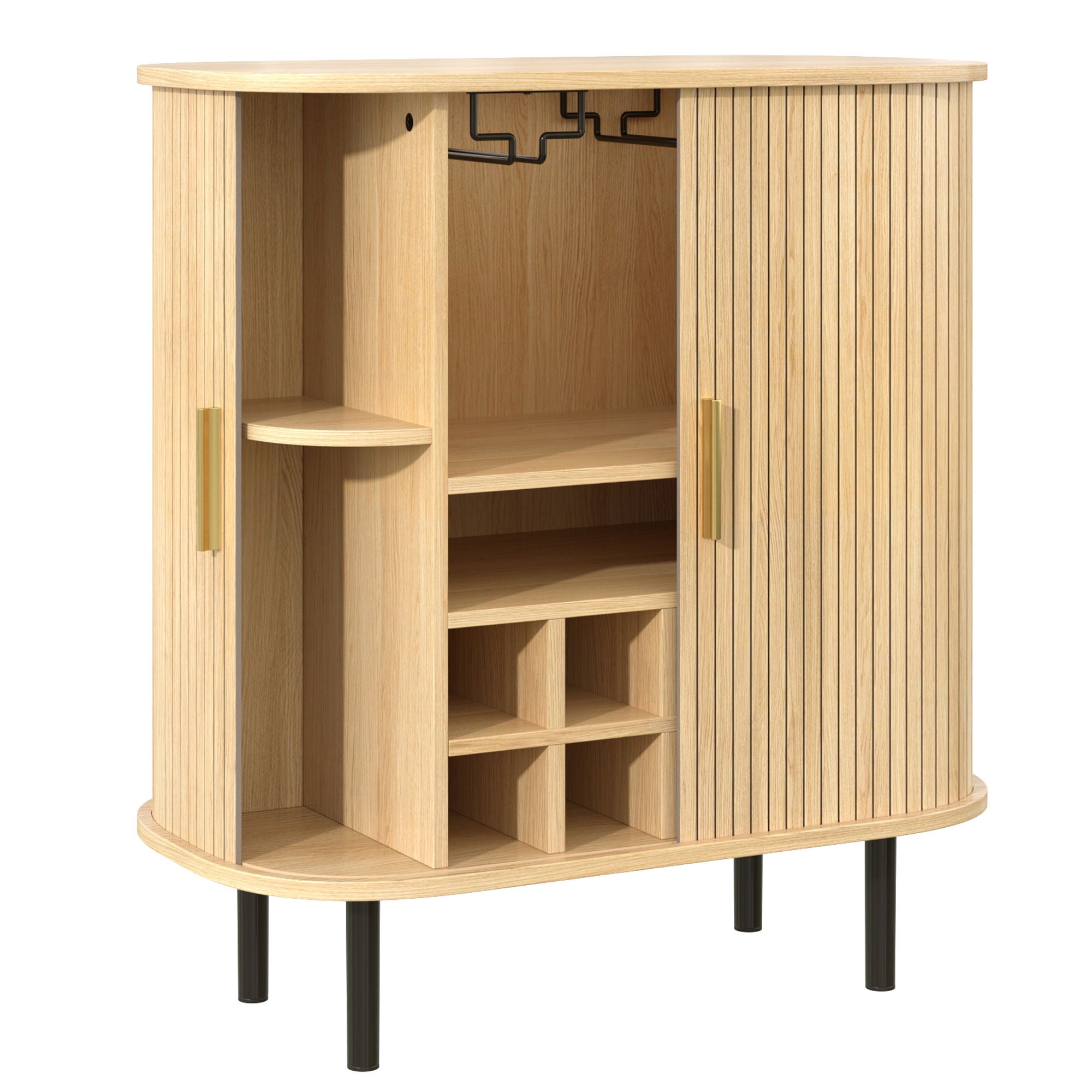 Fluted Wine Bar Cabinet With 8 Grid Wine Rack, 5 Level Adjustable Shelves, 2 Glass Holders