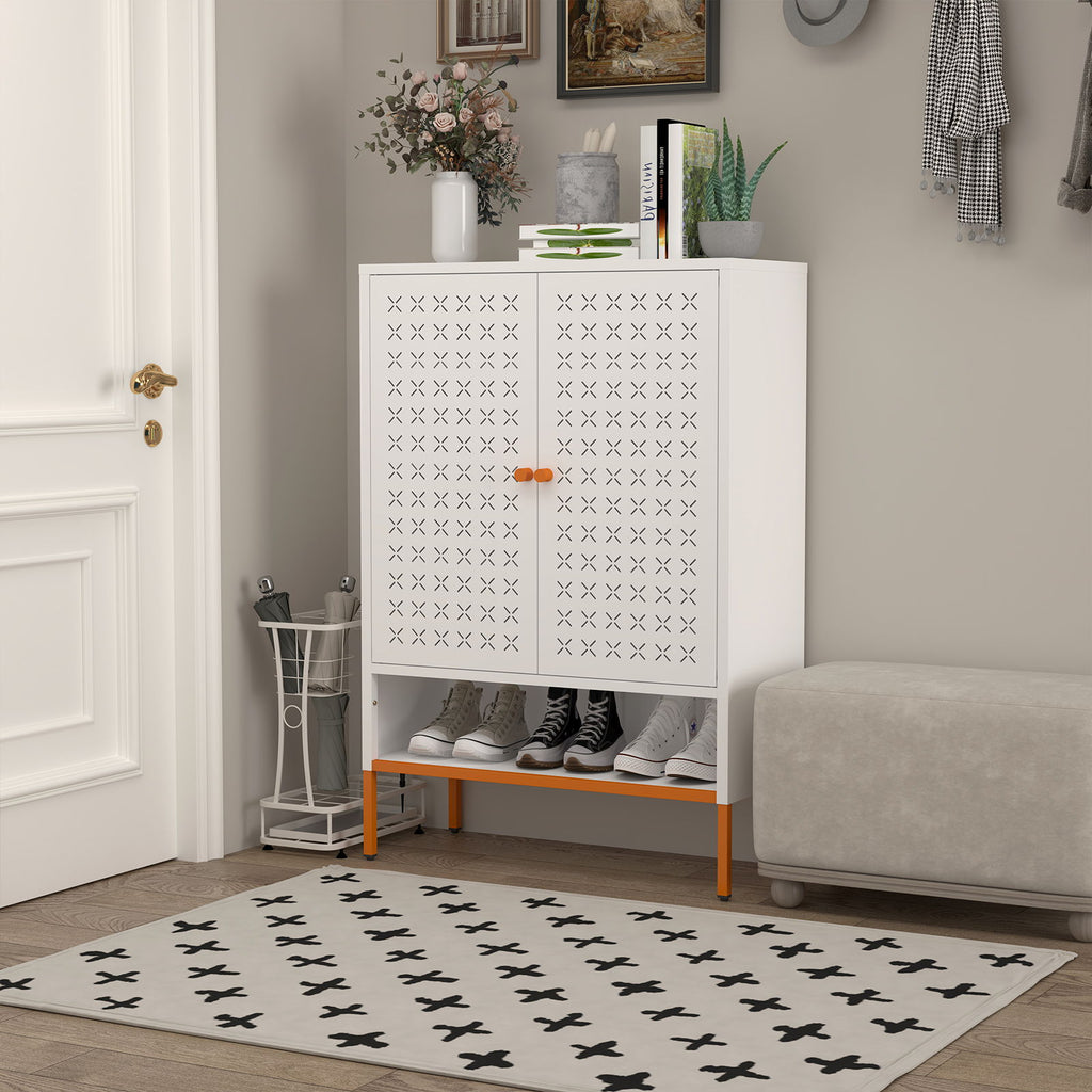 Grid Double Door Shoe Cabinet With Adjustable Compartments And Moisture-Proof Design In Metal