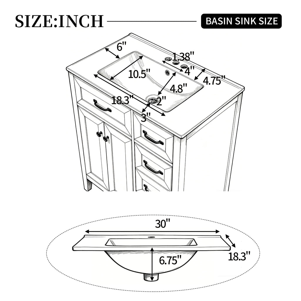 Bathroom Vanity With Sink, Freestanding Design, Soft Close Doors & Drawers - White