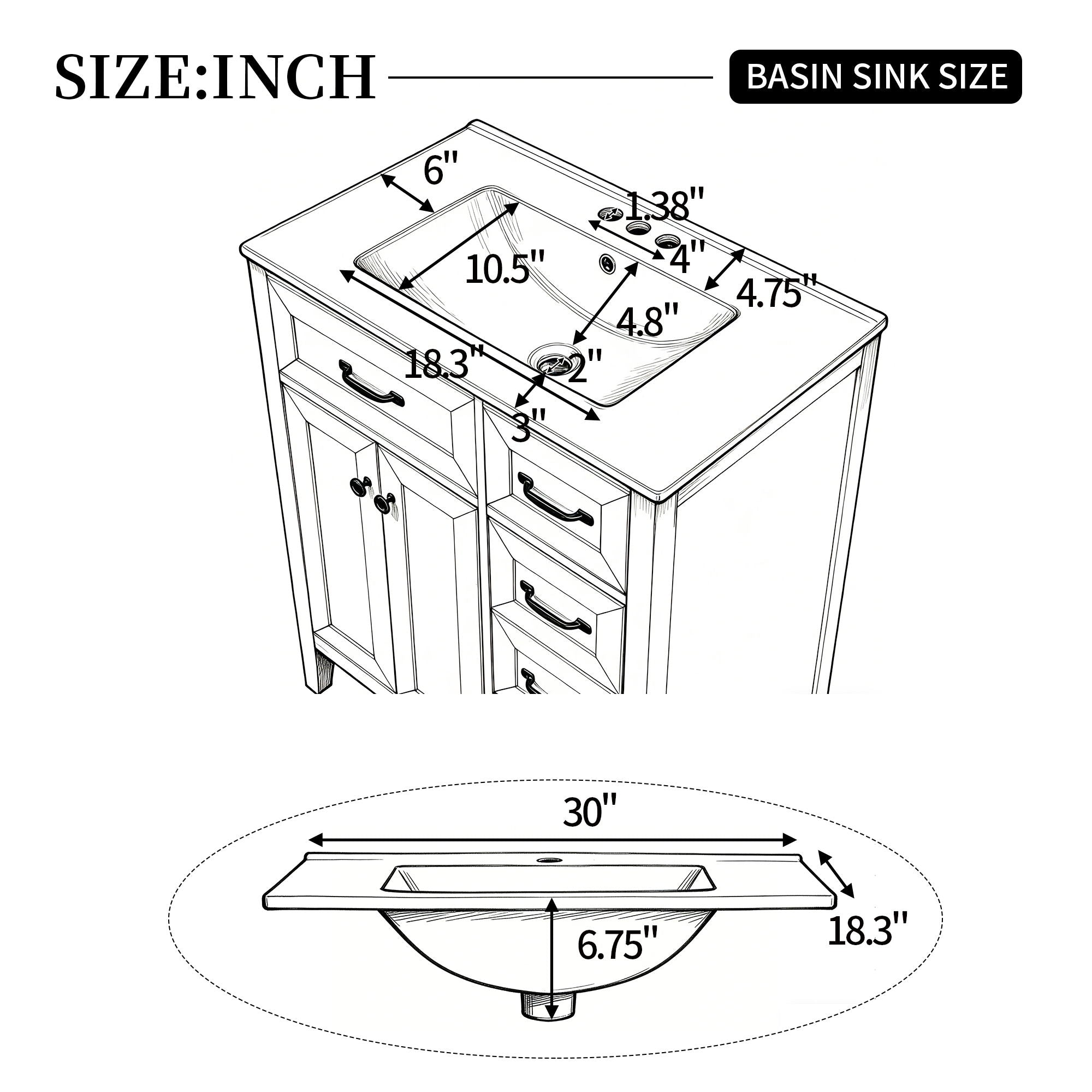 Bathroom Vanity With Sink, Freestanding Design, Soft Close Doors & Drawers - White