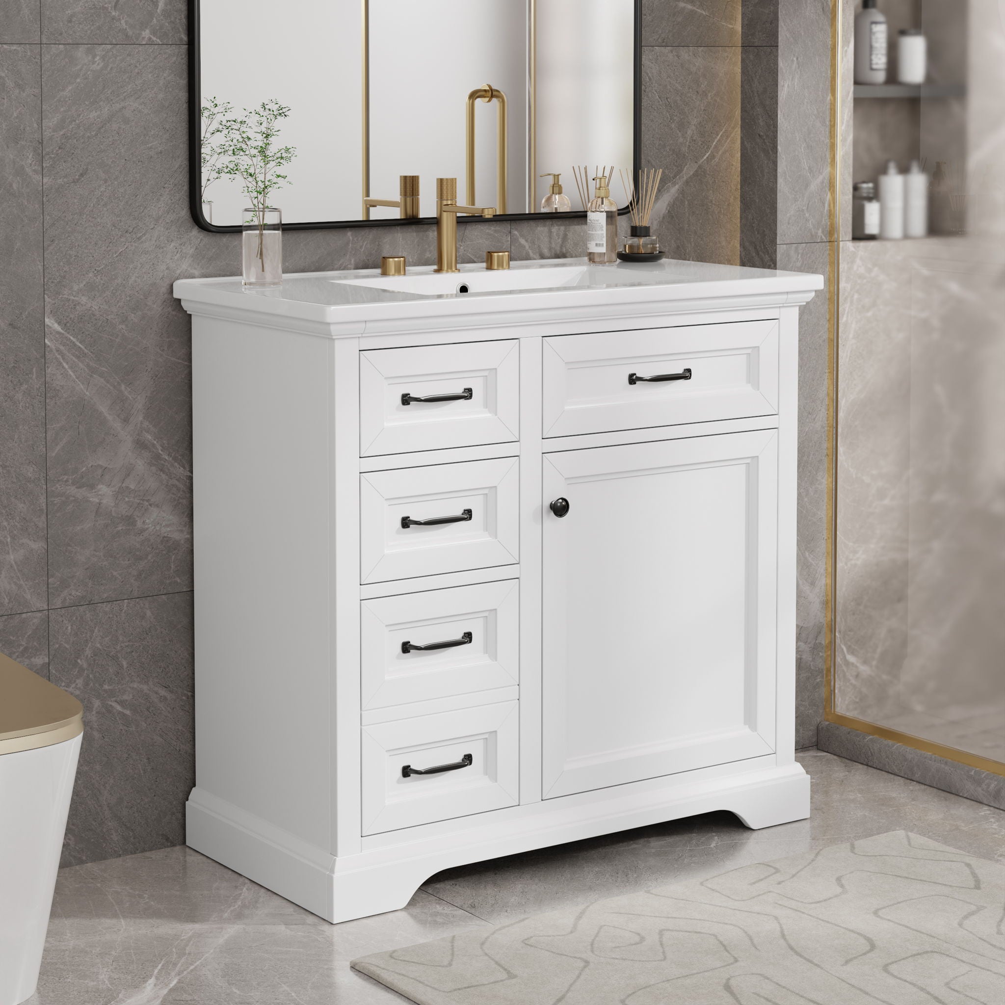 Modern Bathroom Vanity With Sink Top, 4 Drawers And 1 Soft-Close Door
