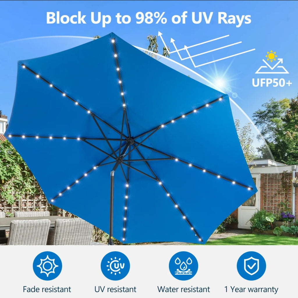 Solar LED Patio Umbrella With Crank Lift And Tilt, 8 Ribs, UV Resistant Canopy For Pool, Backyard & Patio (Without Base) - Blue