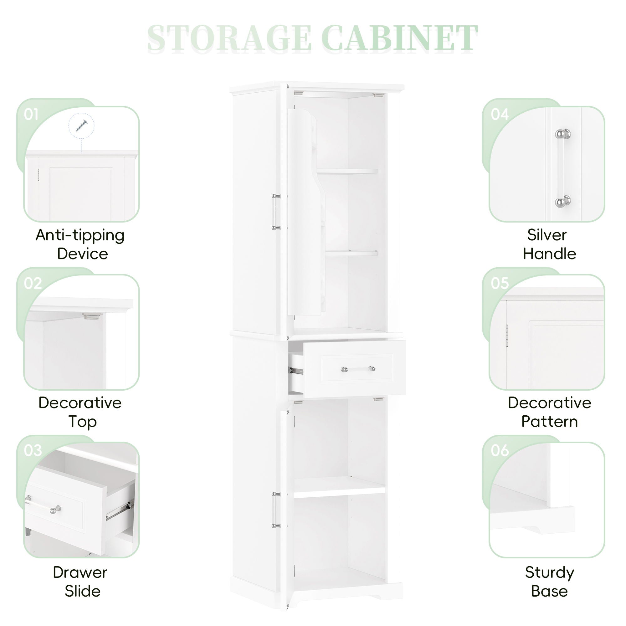 Tall Freestanding Bathroom Storage Cabinet With Adjustable Shelf, 2 Door Design