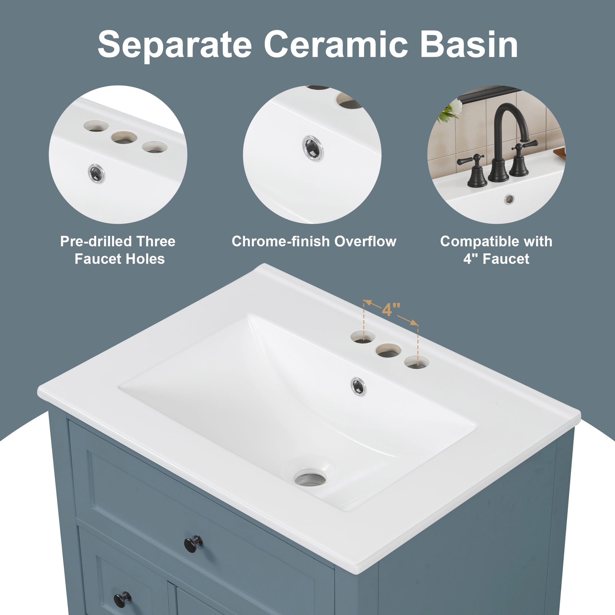 Bathroom Vanity With Sink, 3 Drawers & Cabinet With Adjustable Shelves