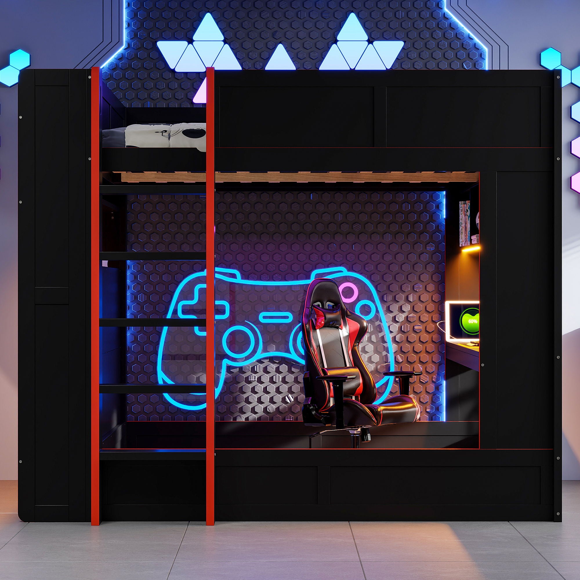 Full Size Gaming Bunk Bed With Desk, Storage Shelves, LED And Charging Station - Black