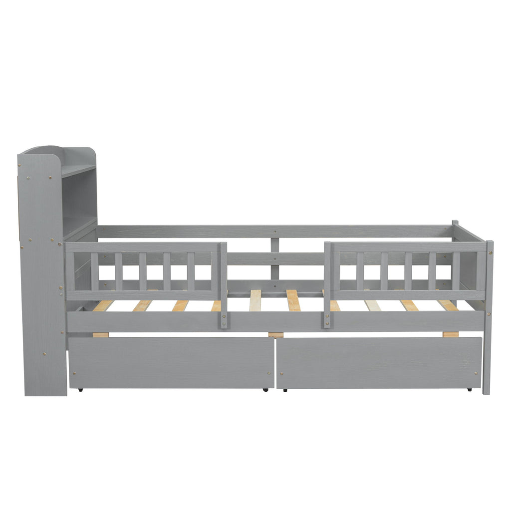 Platform Bed With LED Light, Multi Functional Headboard, Guardrail And 2 Drawers