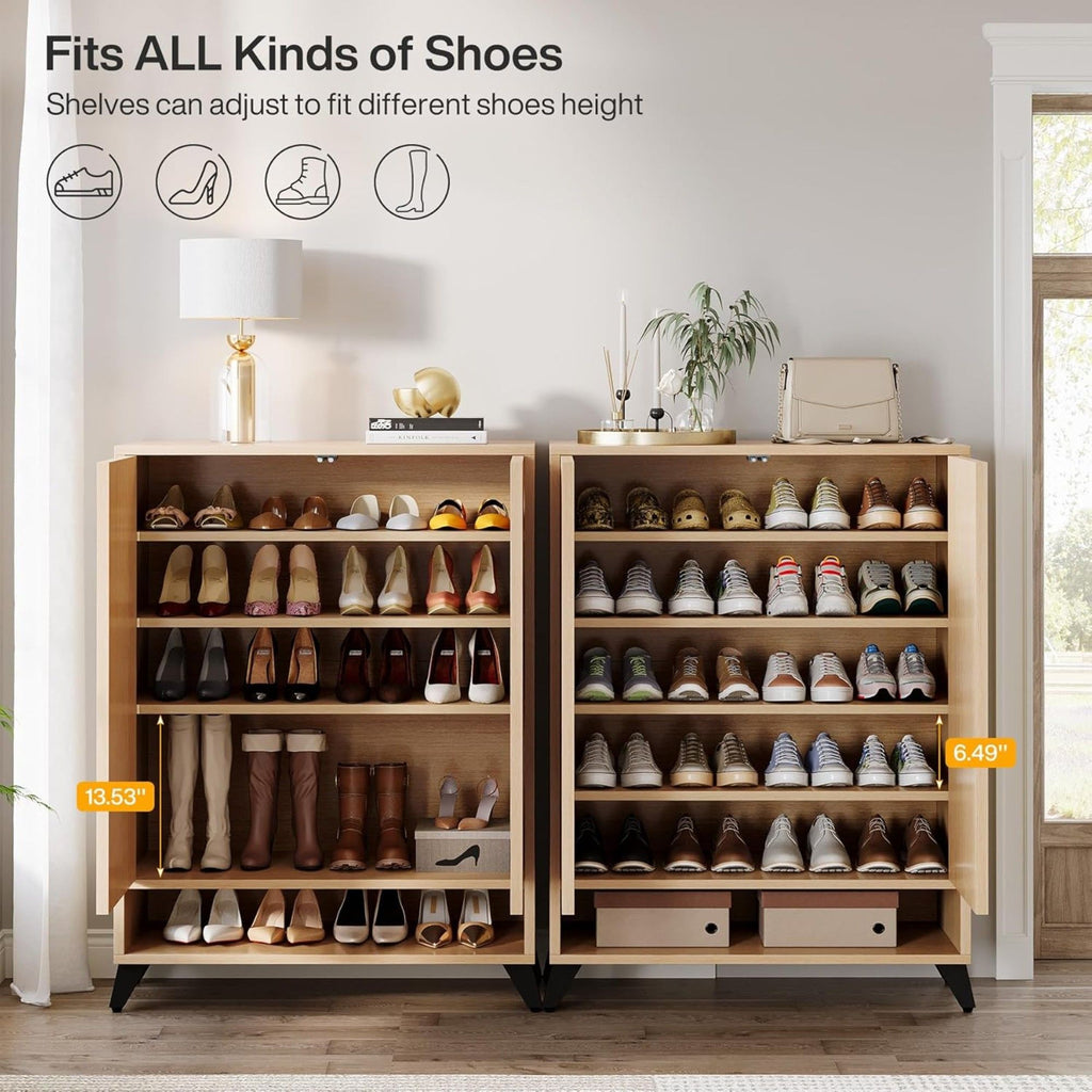 6 Tier Shoe Cabinet With Doors, Handle Free Push To Open Storage Unit For Entryway - Natural