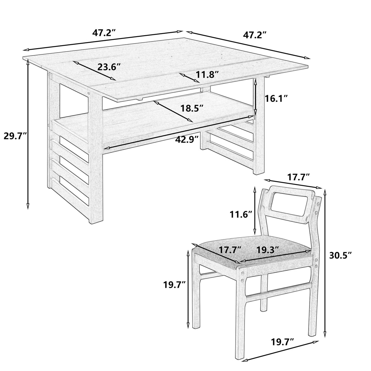 5 Piece Extendable Wood Square Dining Table Set With 2 Drop Leaves
