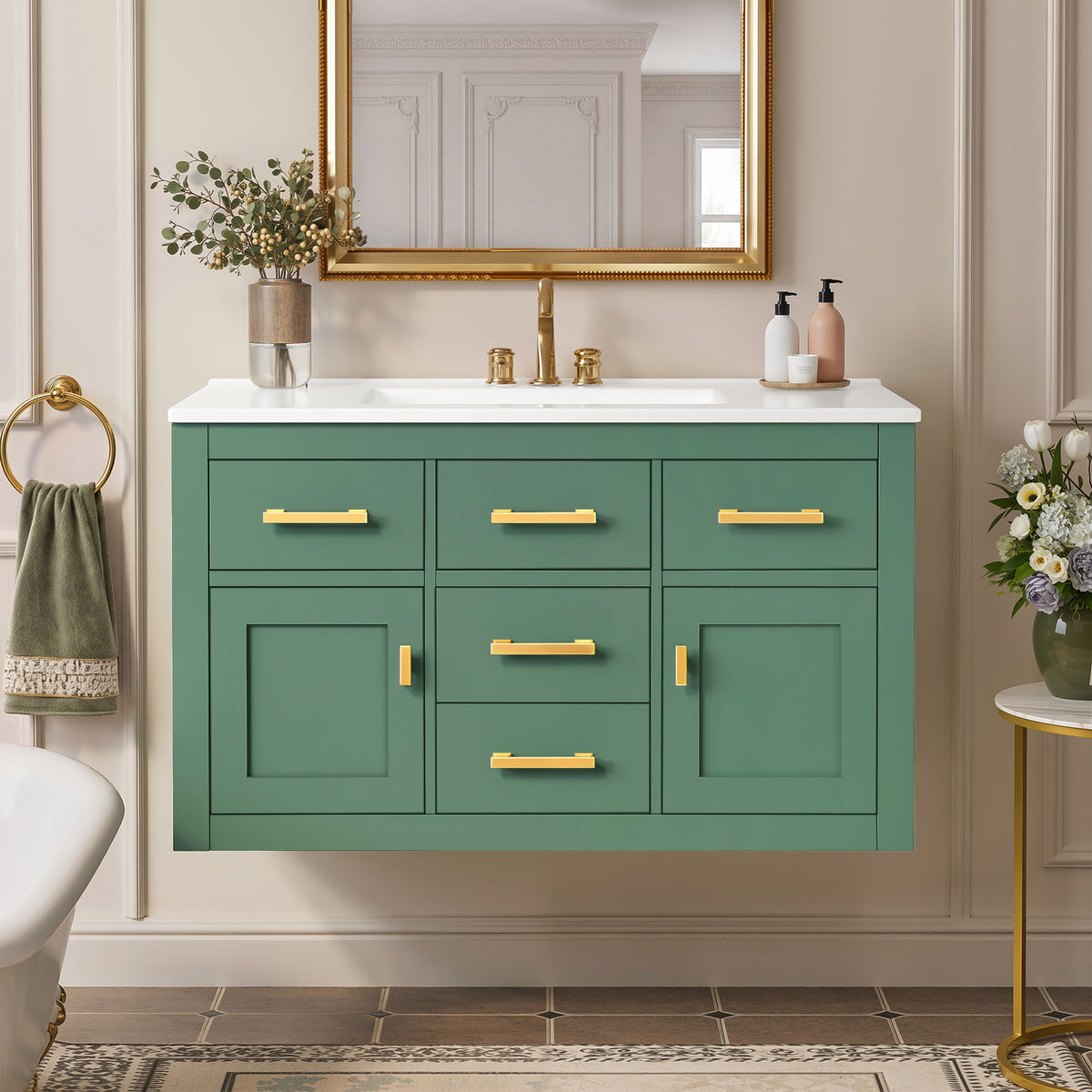 Wall Mounted Bathroom Cabinet With Sink, Multiple Drawers And Doors - Green