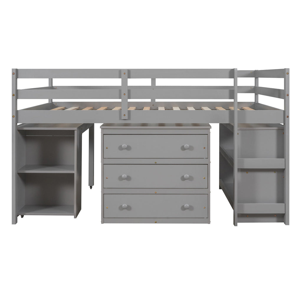 Loft Low Study Bed With Cabinet, Shelves And Rolling Portable Desk, Multiple Functions