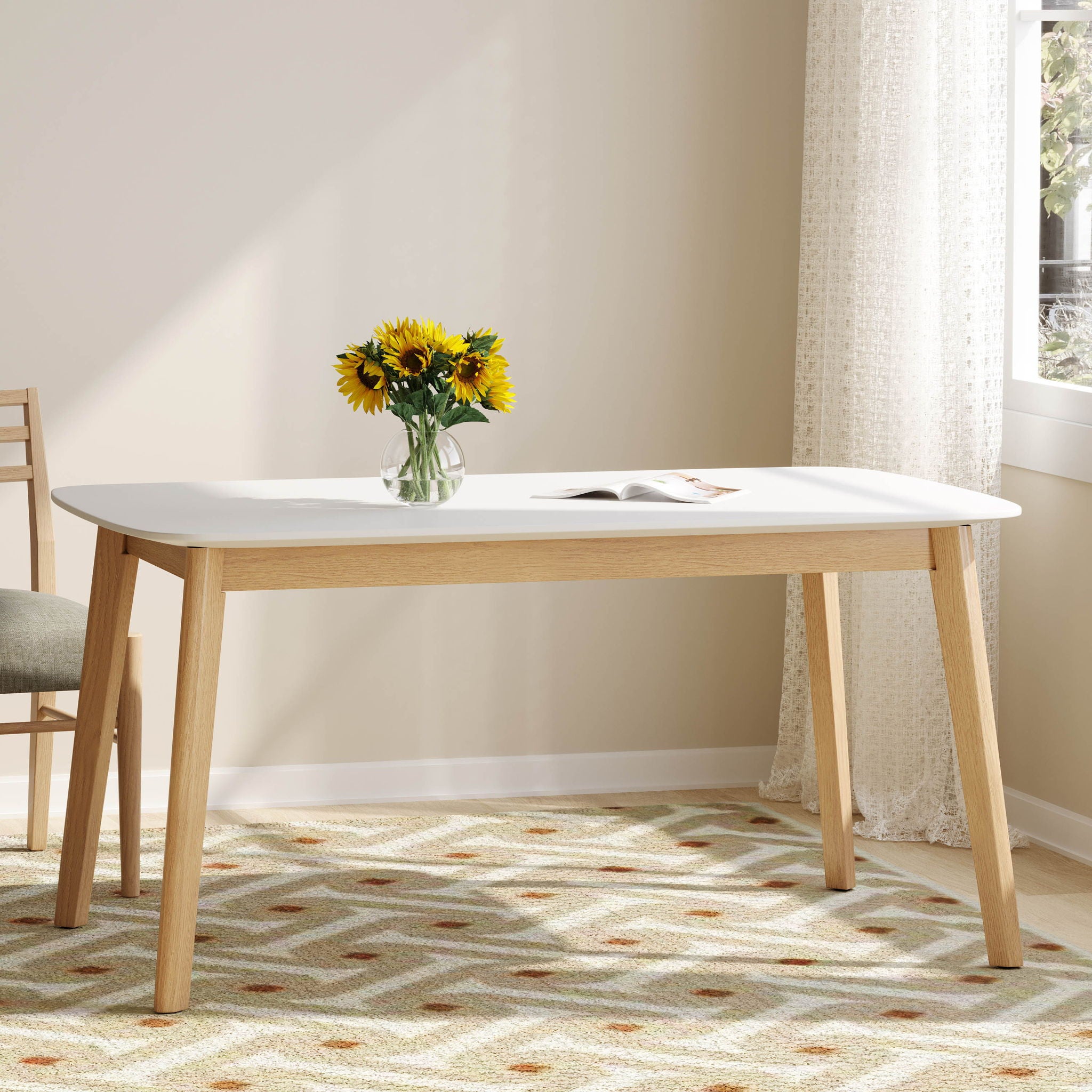 Dining Table With Splayed Rubberwood Legs & Faux Wood Tabletop, - White Oak
