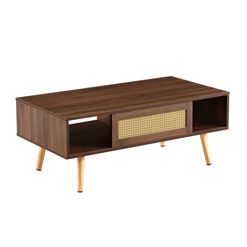 41.34" Rattan Coffee Table, Sliding Door For Storage, Solid Wood Legs, Modern Table For Living Room