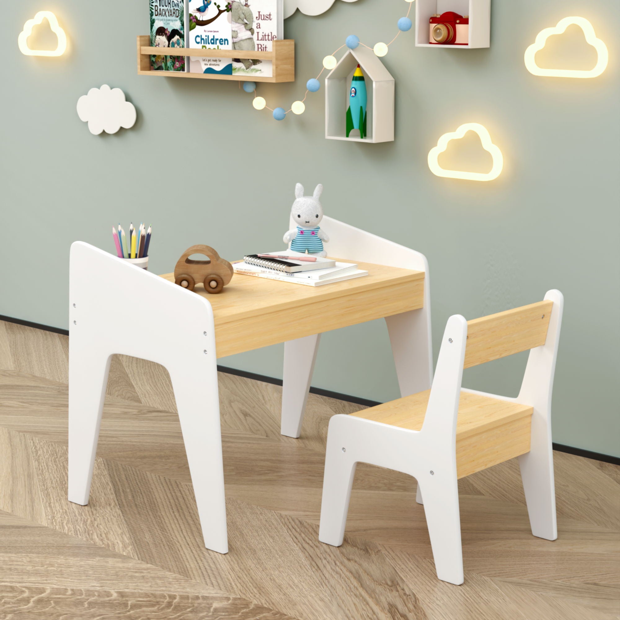 Table Set With 1 Chair, Children Study Table For Ages 2 - 8 - White