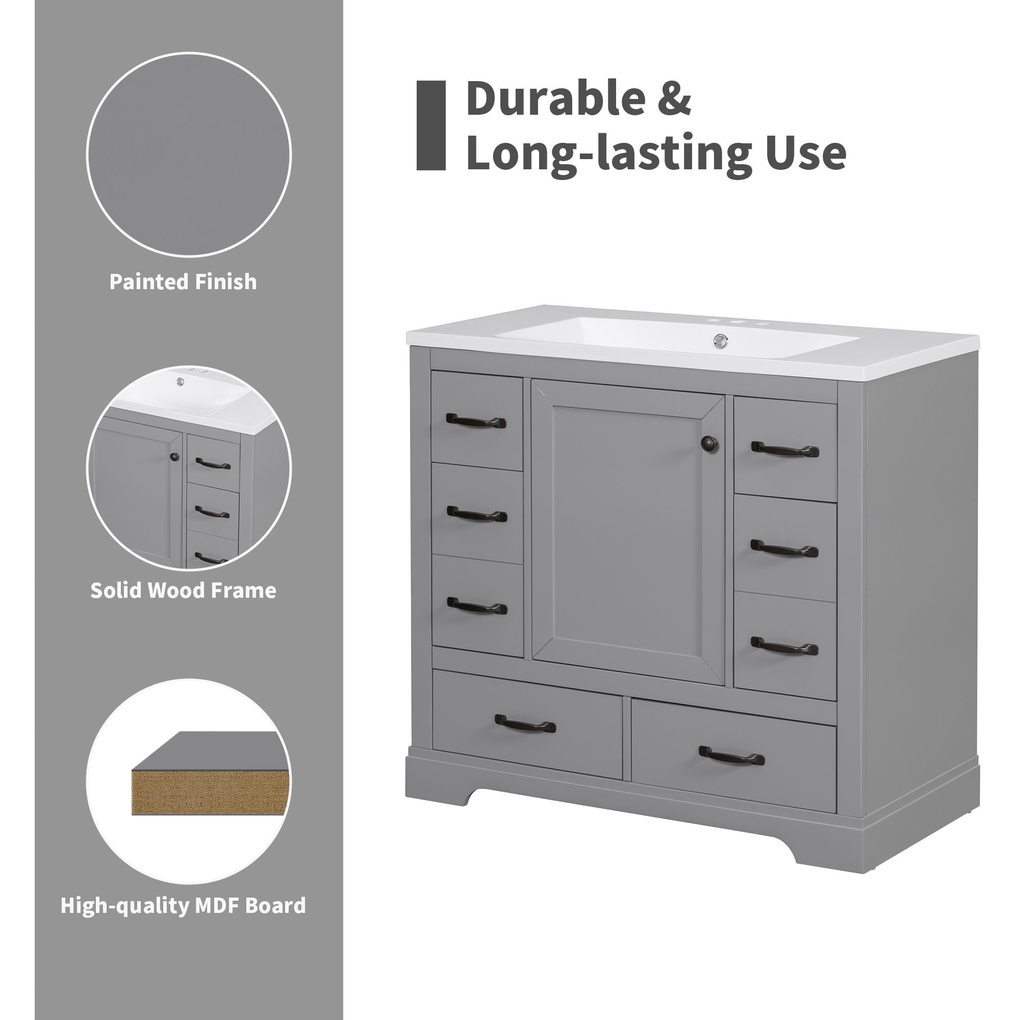 Modern Bathroom Vanity With Sink, 6 Drawers, Adjustable Shelf
