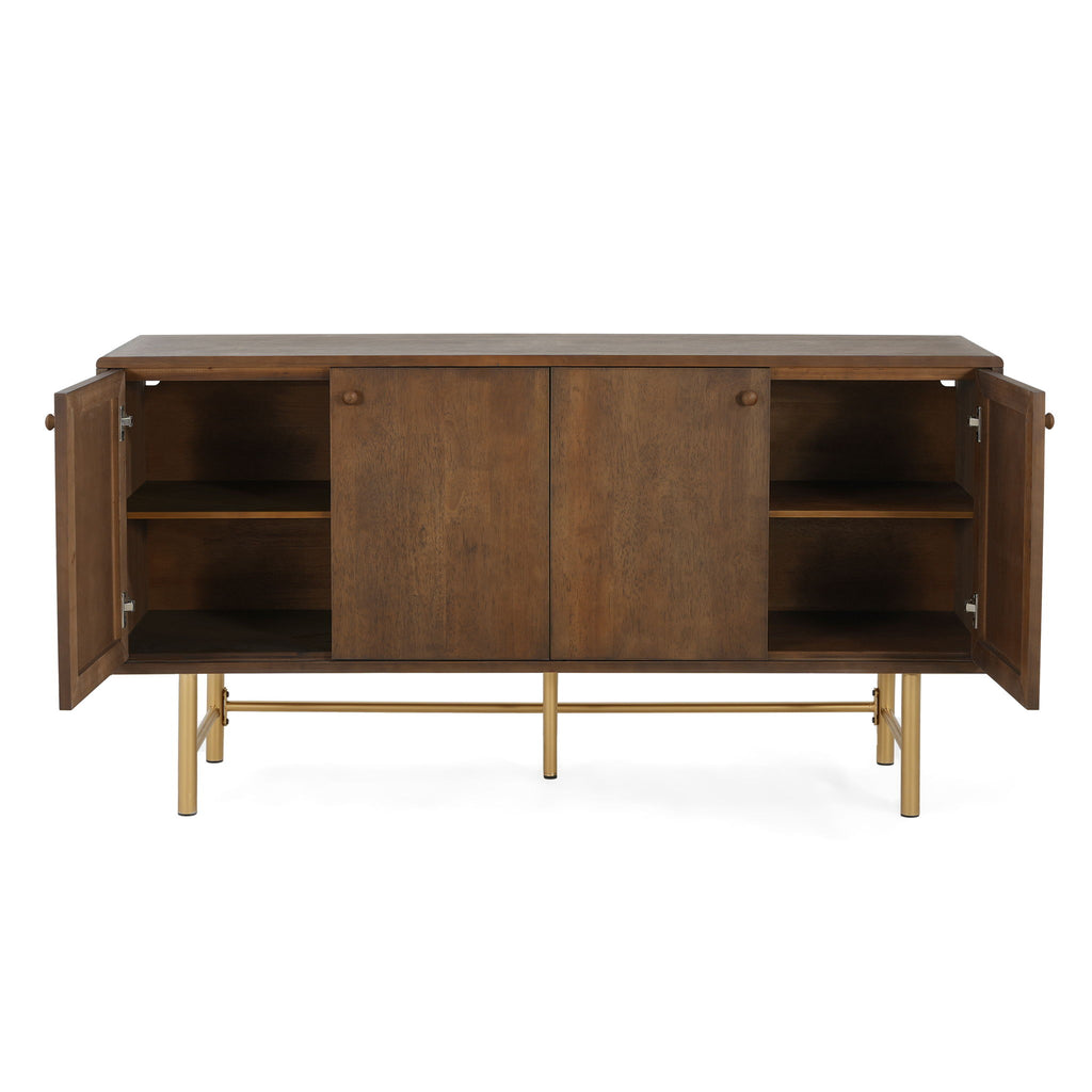 Modern Scandinavian 4 Door Sideboard, Storage Cabinet With Adjustable Shelves - Gold / Walnut